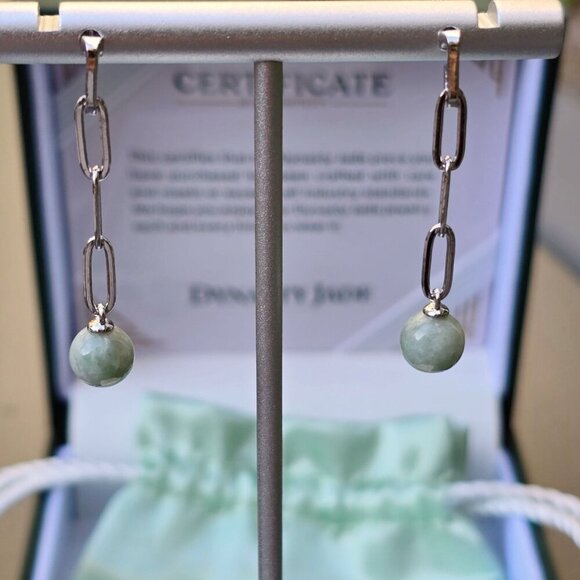 Dynasty ✦ Certified Jade Swirl Drops ✦ 925 Silver Marquise Earrings Green NWT - Picture 1 of 12